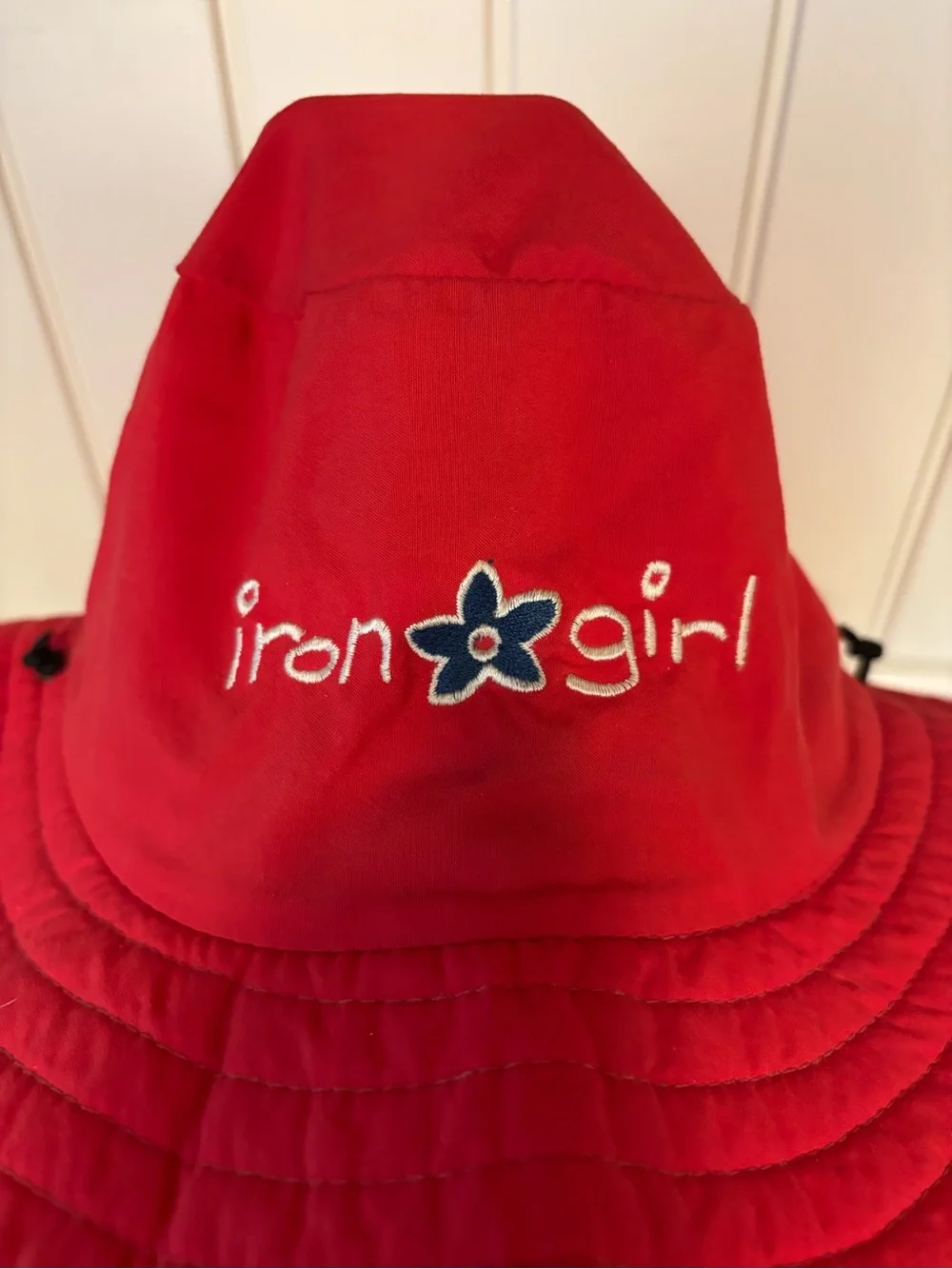 Red Sun/Garden Hat with Wide Brim and Iron Girl Logo w/ Flower Fits Size Small